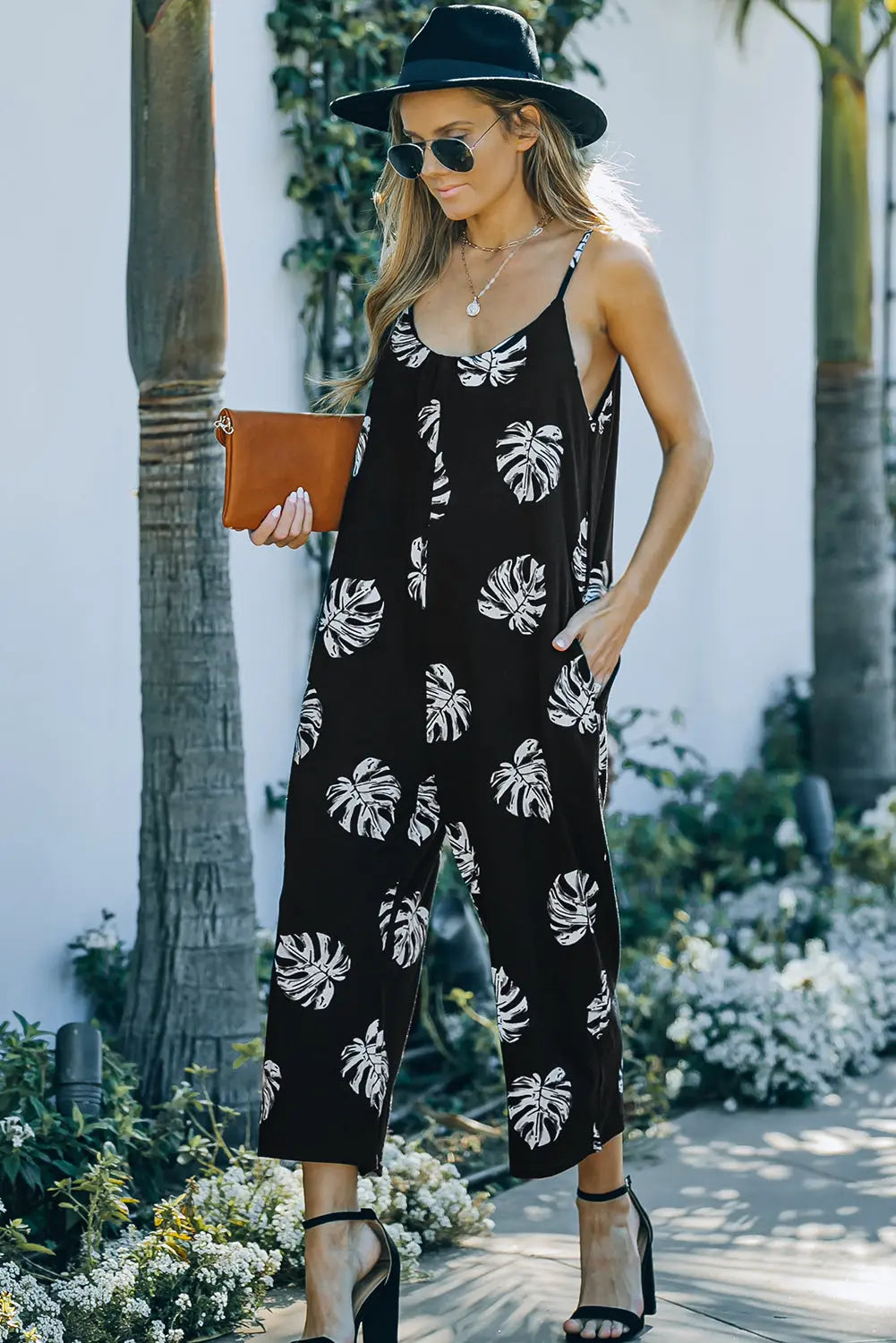 Botanical Print Spaghetti Strap Cropped Jumpsuit Trendsi