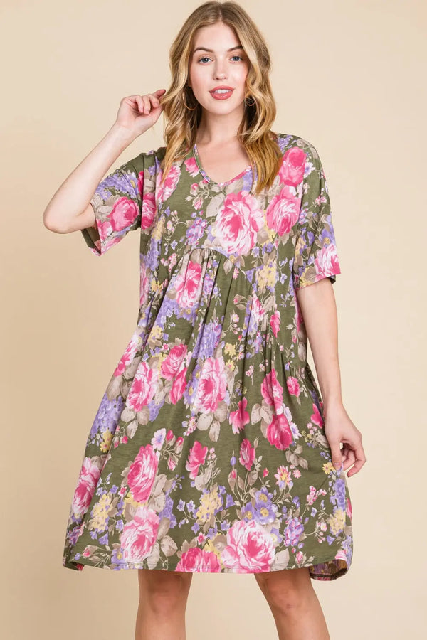  Flower Print V-Neck Ruched Dress -BazaarBey - www.shopbazaarbey.com