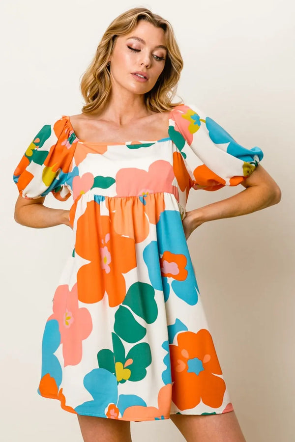  Floral Puff Sleeve Mini Dress -BazaarBey - www.shopbazaarbey.com