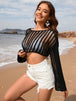 Openwork Boat Neck Long Sleeve Cover-Up Trendsi