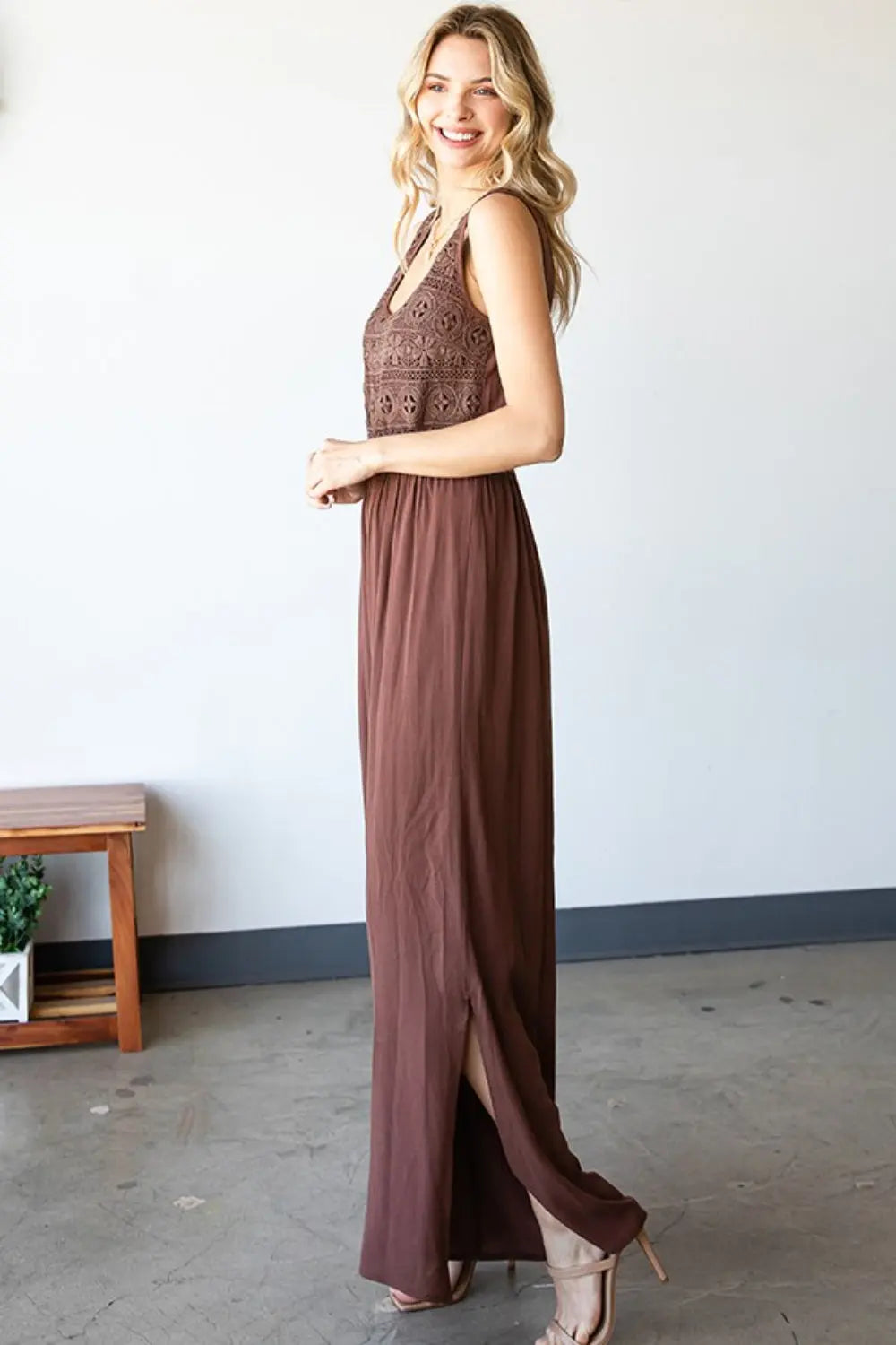  Tie Back Sleeveless Slit Wide Leg Jumpsuit Trendsi