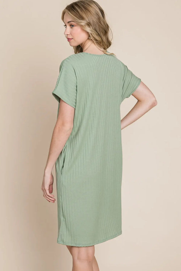  Ribbed Round Neck Short Sleeve Dress -BazaarBey - www.shopbazaarbey.com