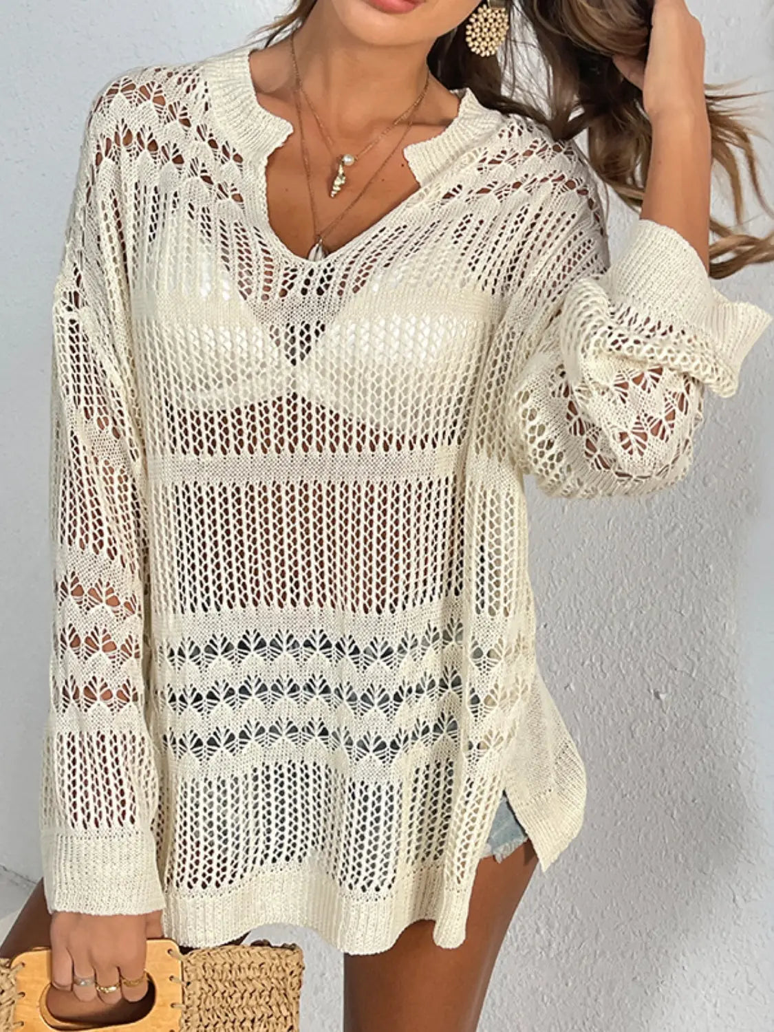  Notched Long Sleeve Cover-Up Trendsi