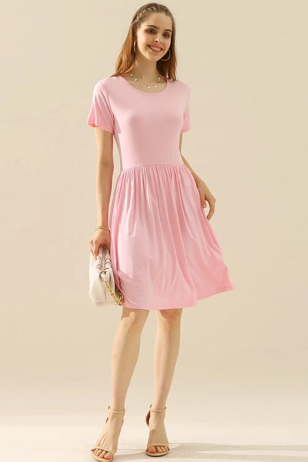 BazaarBey   Round Neck Ruched Dress with Pockets 