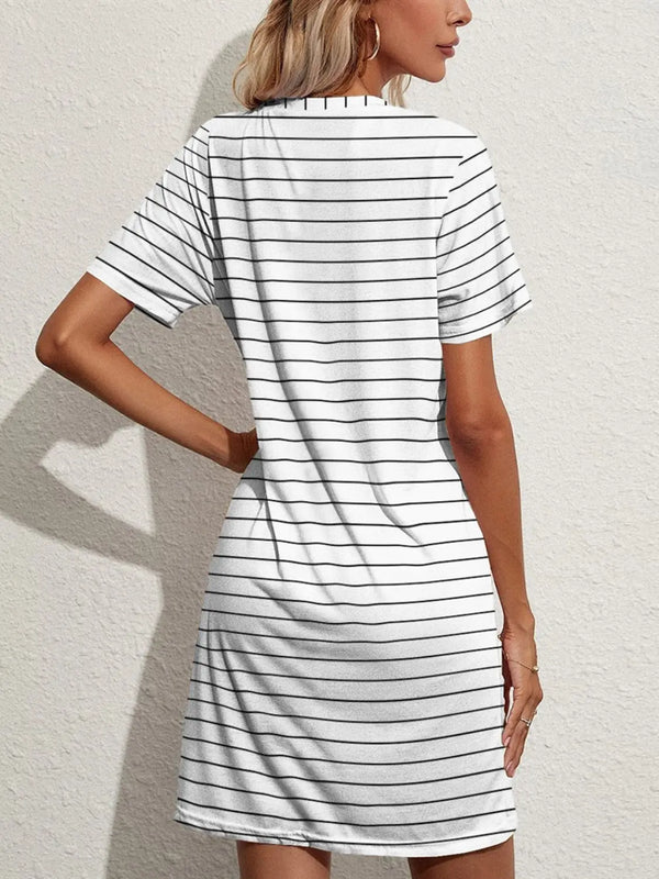 Pocketed Striped Round Neck Short Sleeve Dress -BazaarBey - www.shopbazaarbey.com