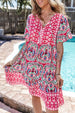 Printed Tie Neck Short Sleeve Dress -BazaarBey - www.shopbazaarbey.com