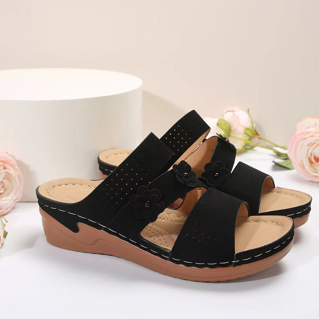 Flower PU Leather Wedge Sandals Trendsi