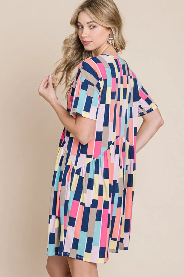  Ruched Color Block Short Sleeve Mini Dress -BazaarBey - www.shopbazaarbey.com