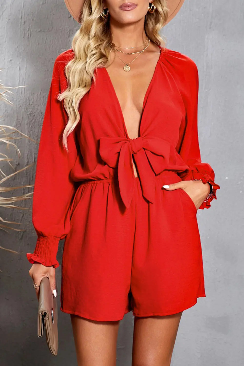 Tied Flounce Sleeve Plunge Romper Trendsi