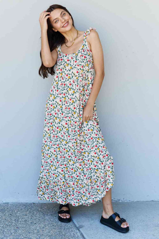  In The Garden Ruffle Floral Maxi Dress in Natural Rose -BazaarBey - www.shopbazaarbey.com