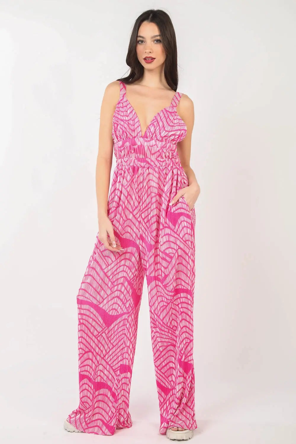 BazaarBey  Printed Pleated Sleeveless Wide Leg Jumpsuit 