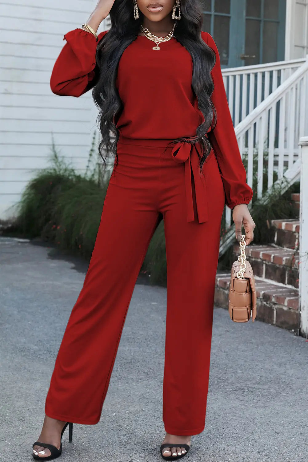 BazaarBey Boat Neck Tie Belt Jumpsuit 