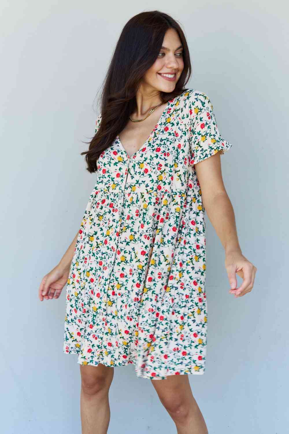  Follow Me Full Size V-Neck Ruffle Sleeve Floral Dress -BazaarBey - www.shopbazaarbey.com