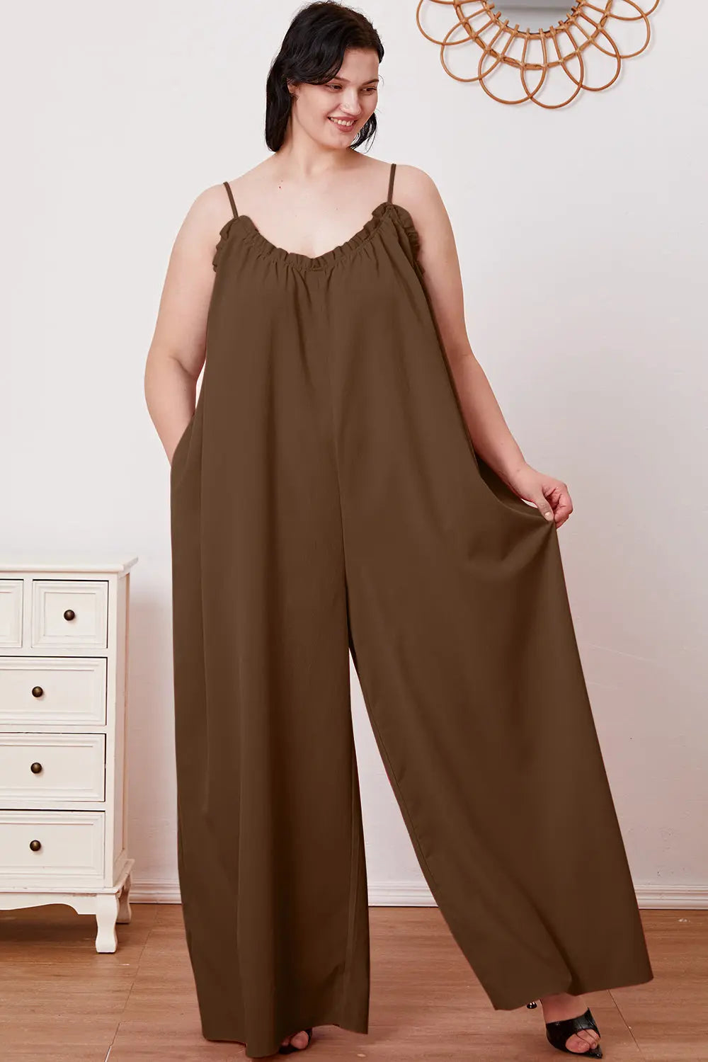   Ruffle Trim Tie Back Cami Jumpsuit with Pockets Trendsi