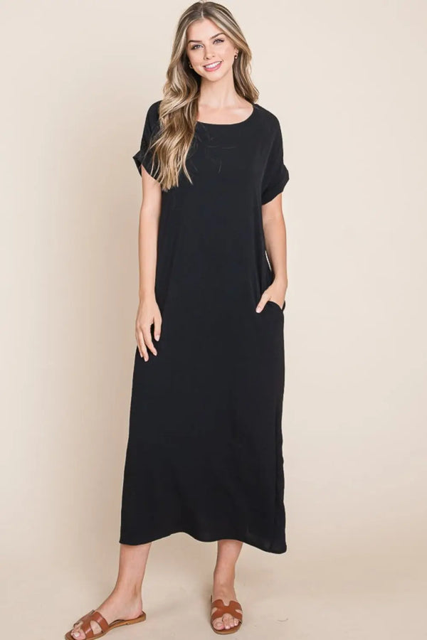  Round Neck Short Sleeve Midi Dress with Pockets -BazaarBey - www.shopbazaarbey.com