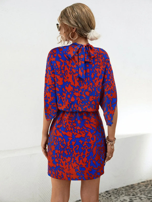 Tied Printed Mock Neck Mini Dress -BazaarBey - www.shopbazaarbey.com