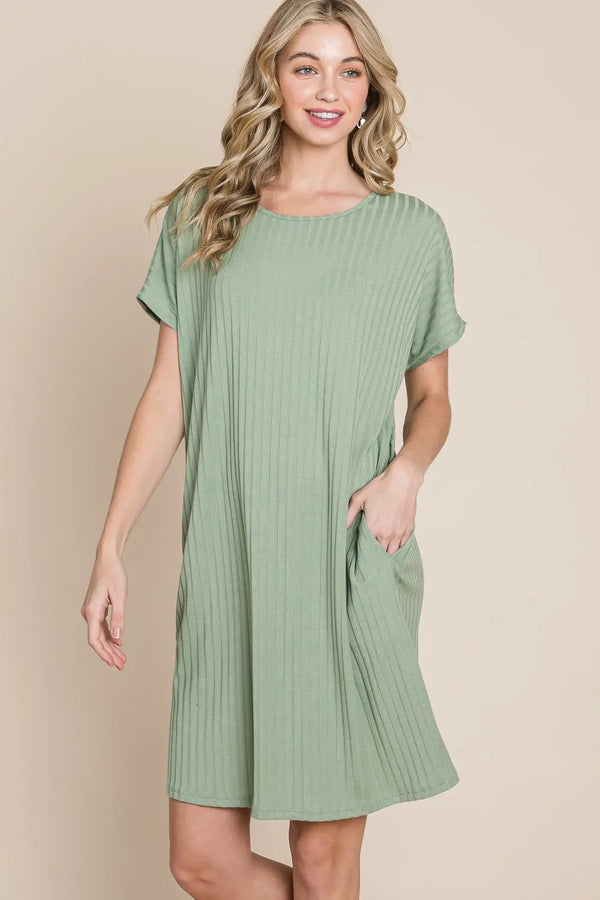  Ribbed Round Neck Short Sleeve Dress -BazaarBey - www.shopbazaarbey.com