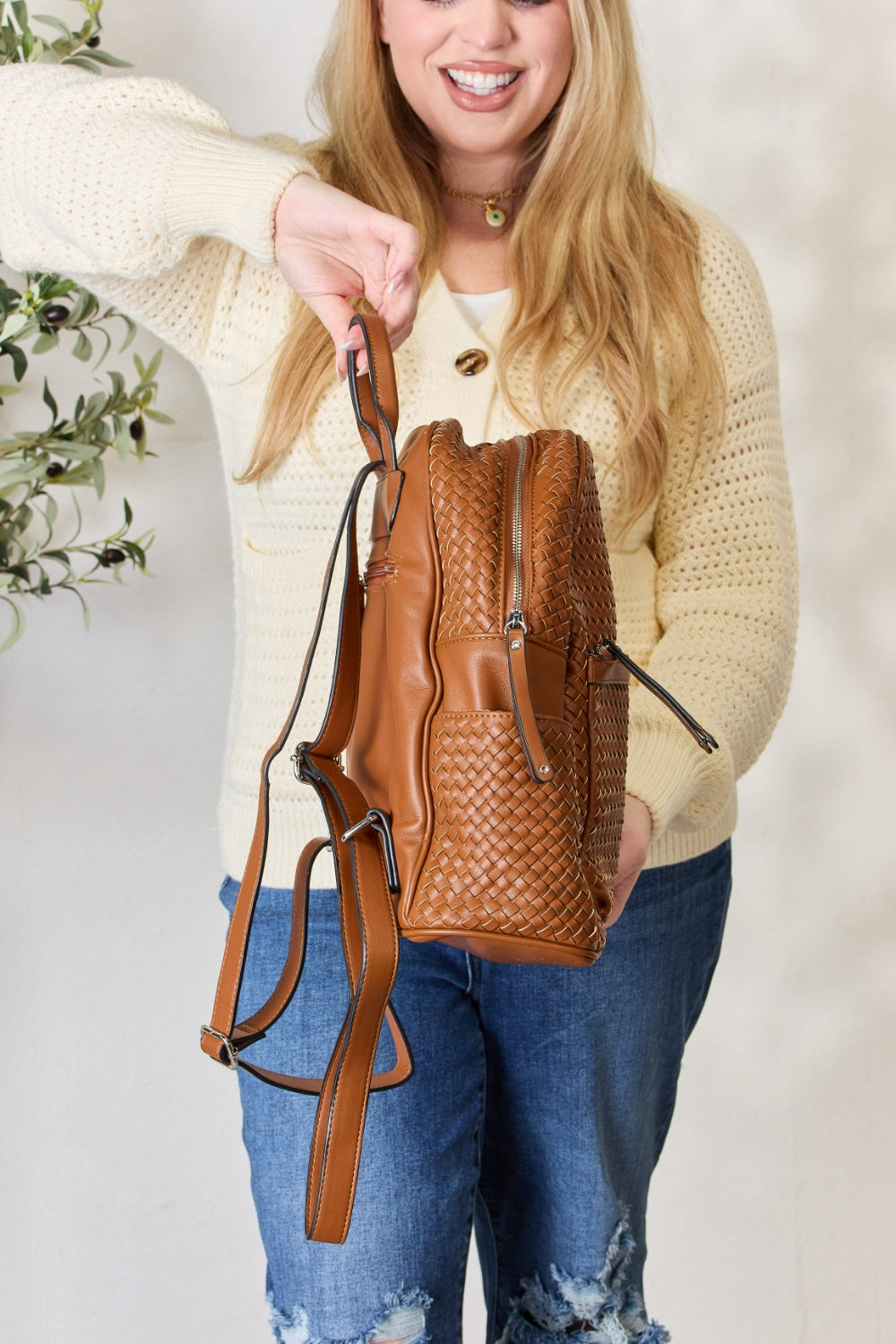  PU Leather Woven Backpack Trendsi