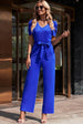 Belted Puff Sleeve V-Neck Jumpsuit Trendsi