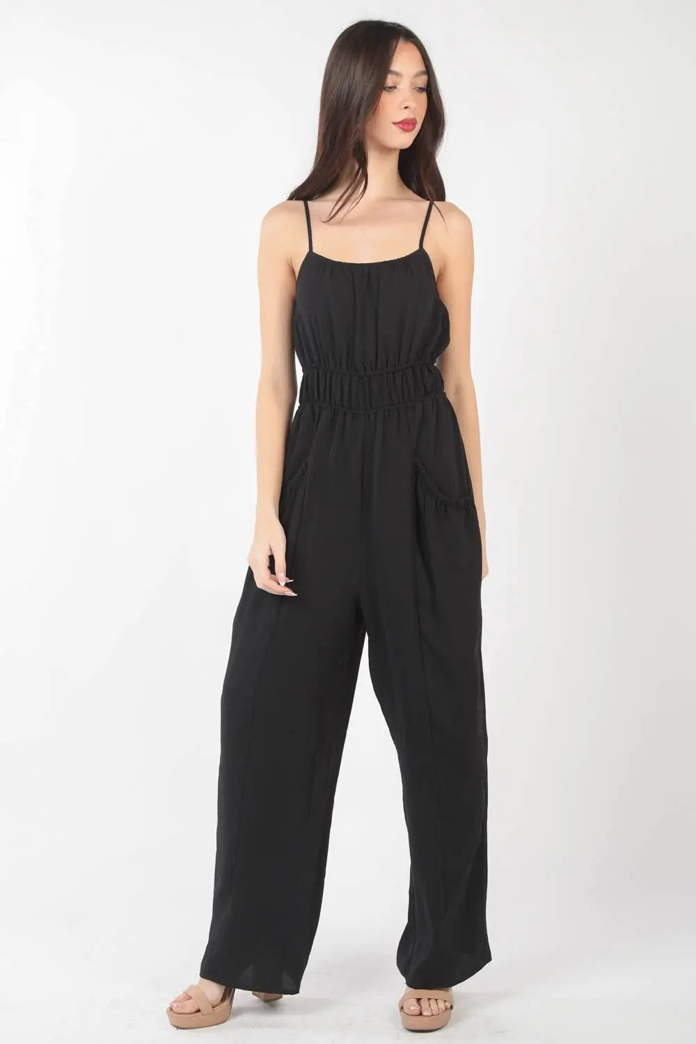  Pintuck Detail Woven Sleeveless Jumpsuit Trendsi