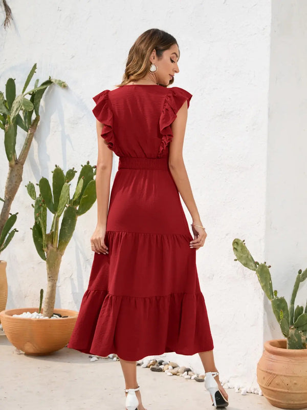 Tiered Ruffled V-Neck Cap Sleeve Dress -BazaarBey - www.shopbazaarbey.com