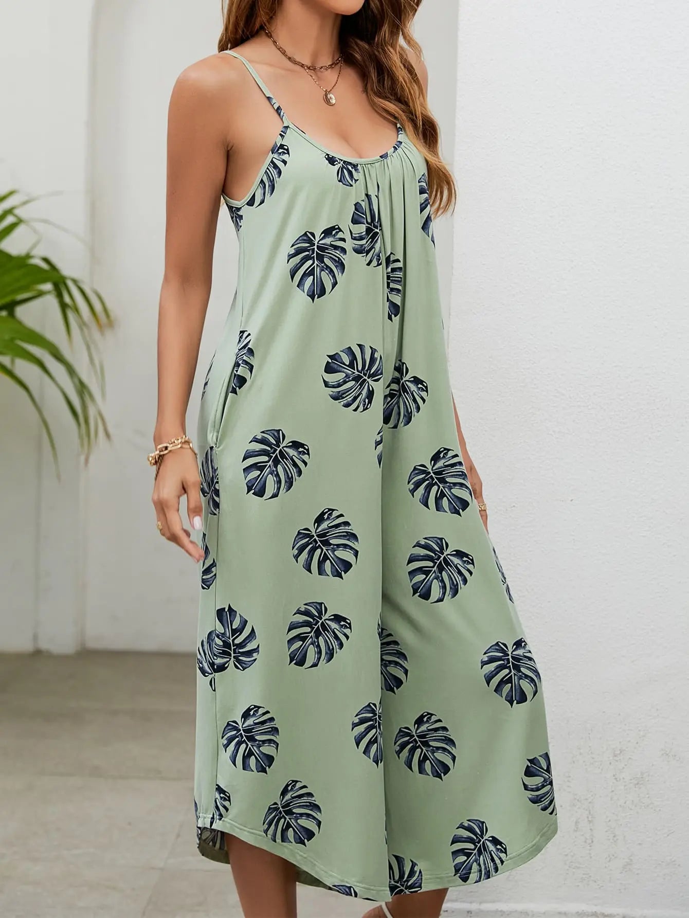 Botanical Print Spaghetti Strap Scoop Neck Jumpsuit Bazaarbey