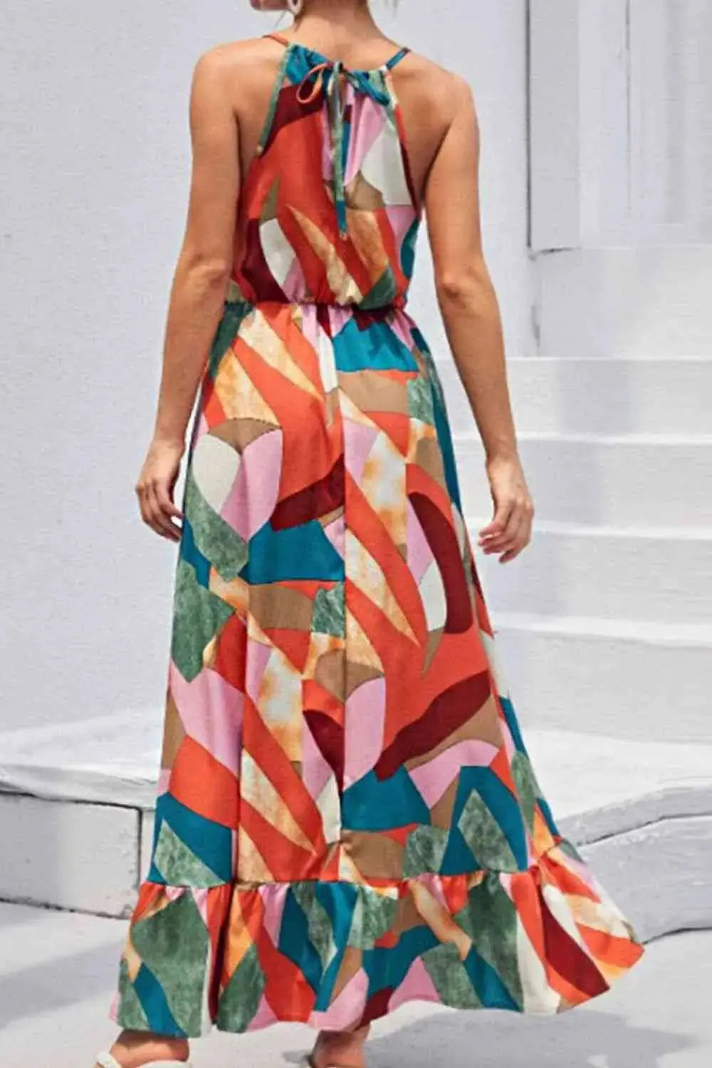 Multicolored Tied  Neck Maxi Dress -BazaarBey - www.shopbazaarbey.com