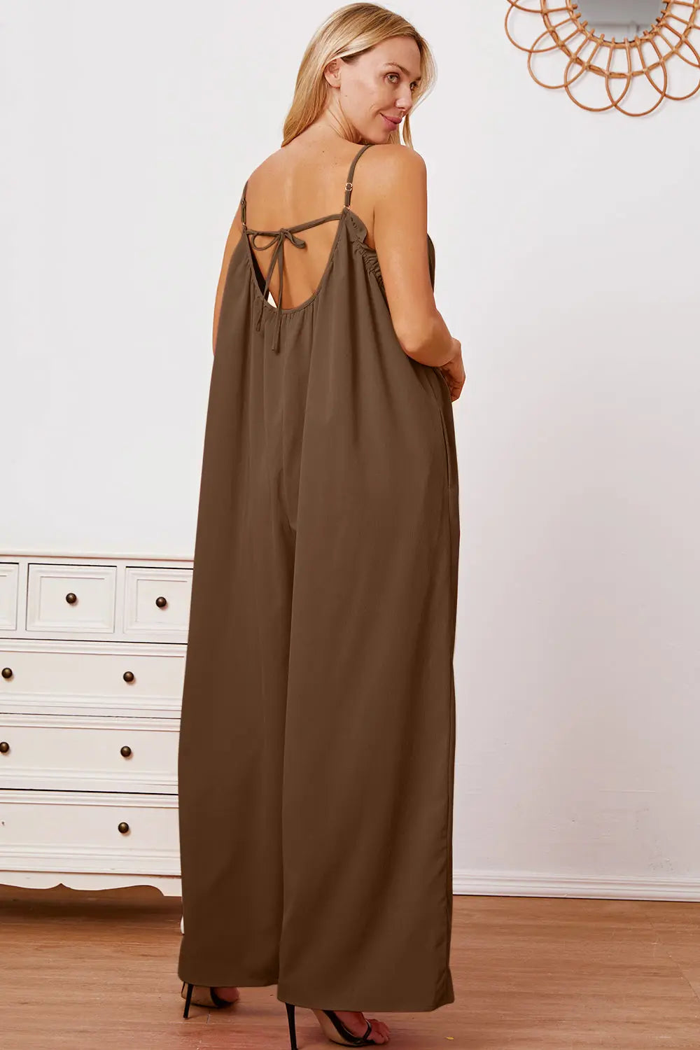   Ruffle Trim Tie Back Cami Jumpsuit with Pockets Trendsi