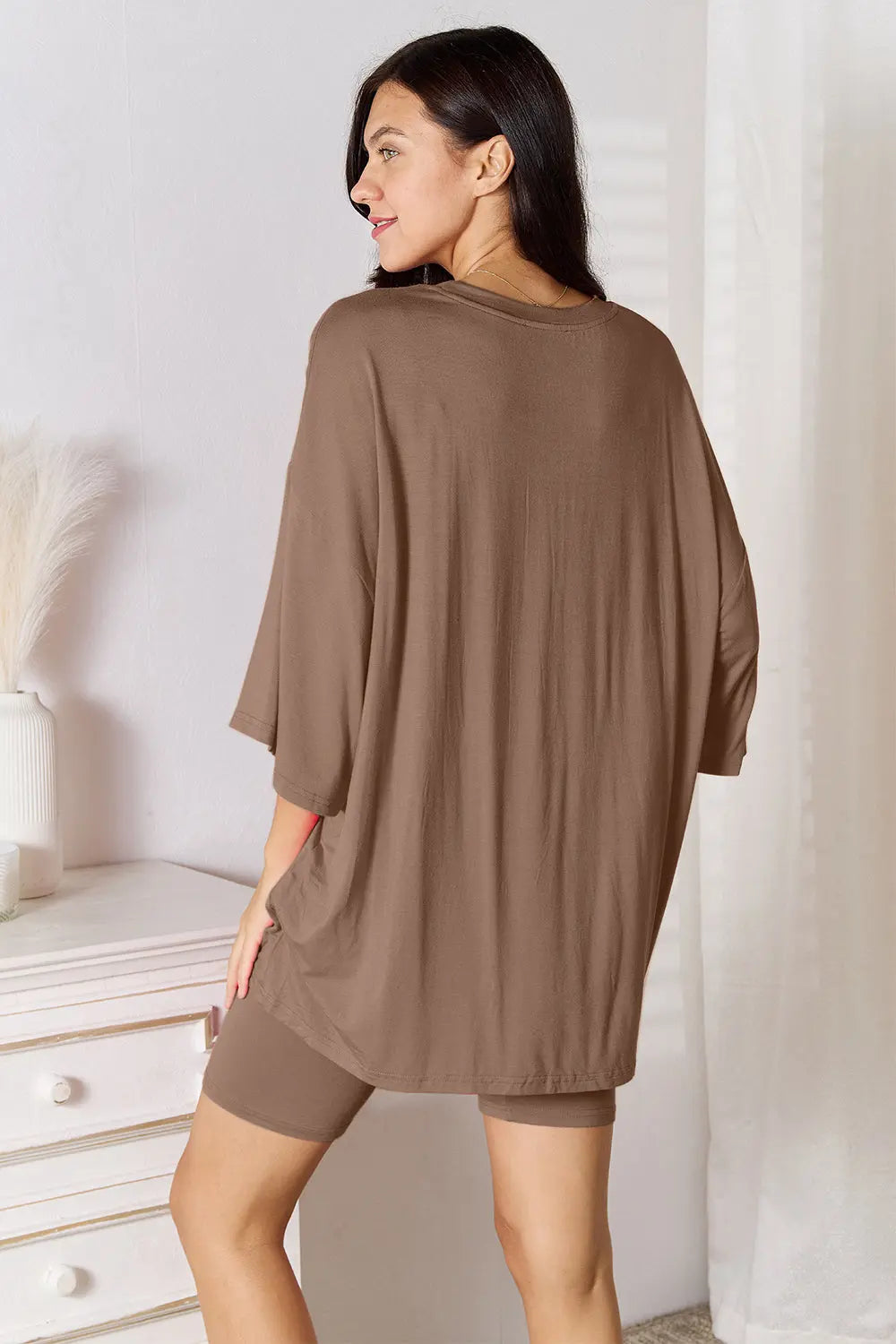  Full Size Soft Rayon Three-Quarter Sleeve Top and Shorts Set Trendsi