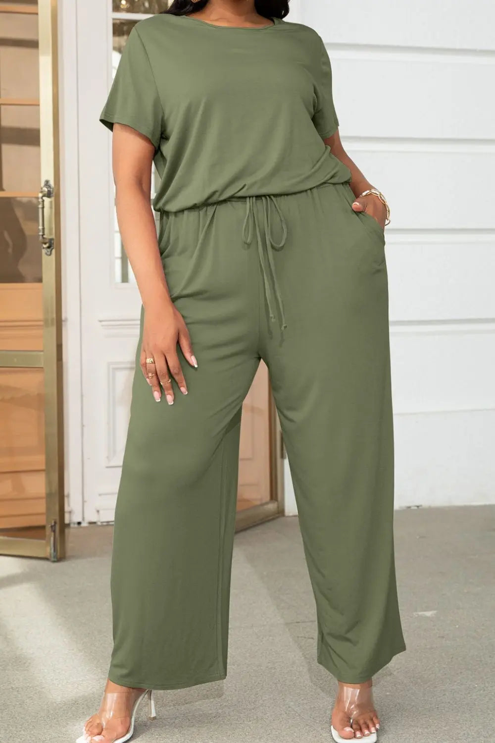  Drawstring Waist Short Sleeve Jumpsuit Trendsi