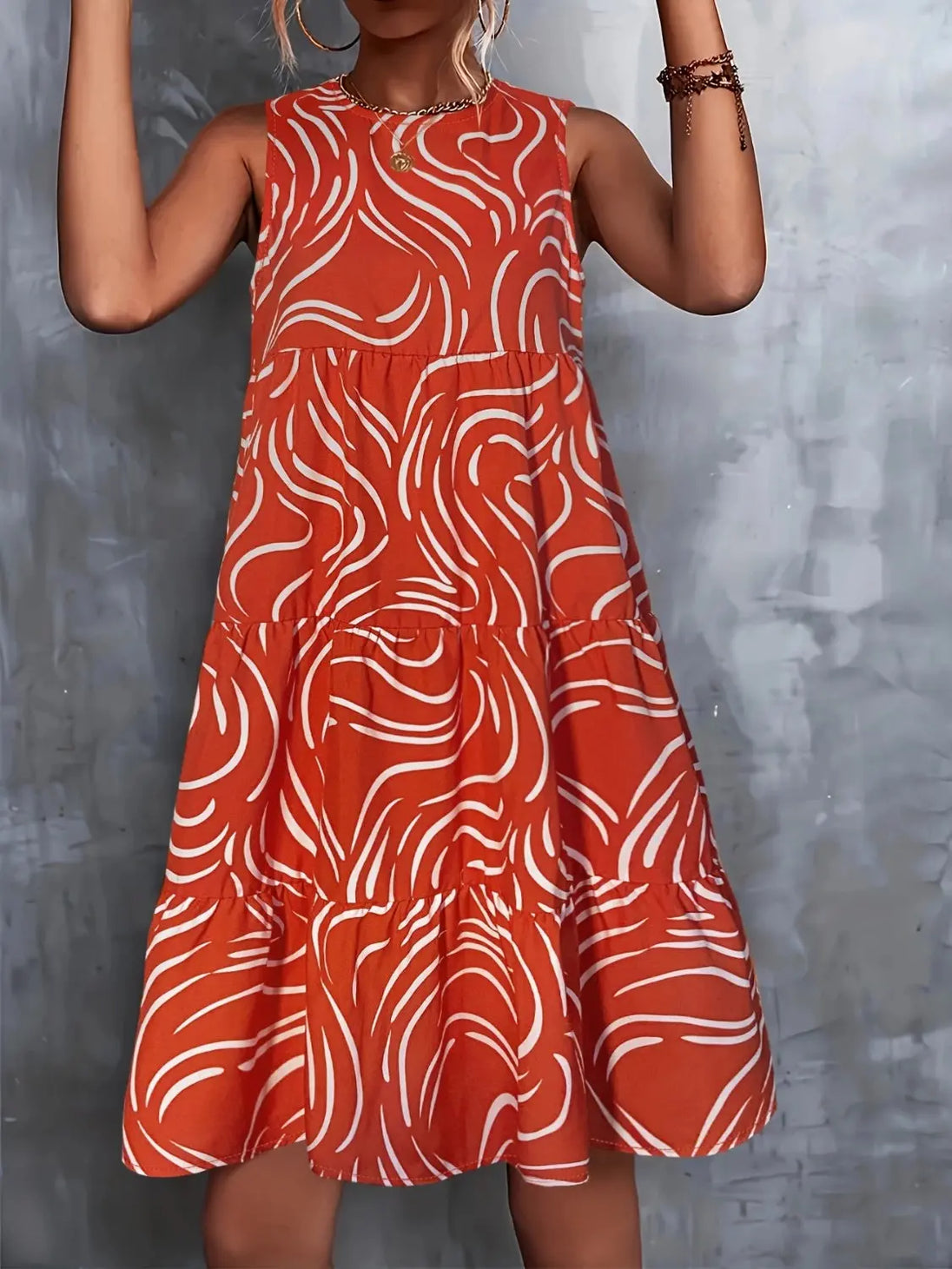 Printed Round Neck Sleeveless Dress -BazaarBey - www.shopbazaarbey.com