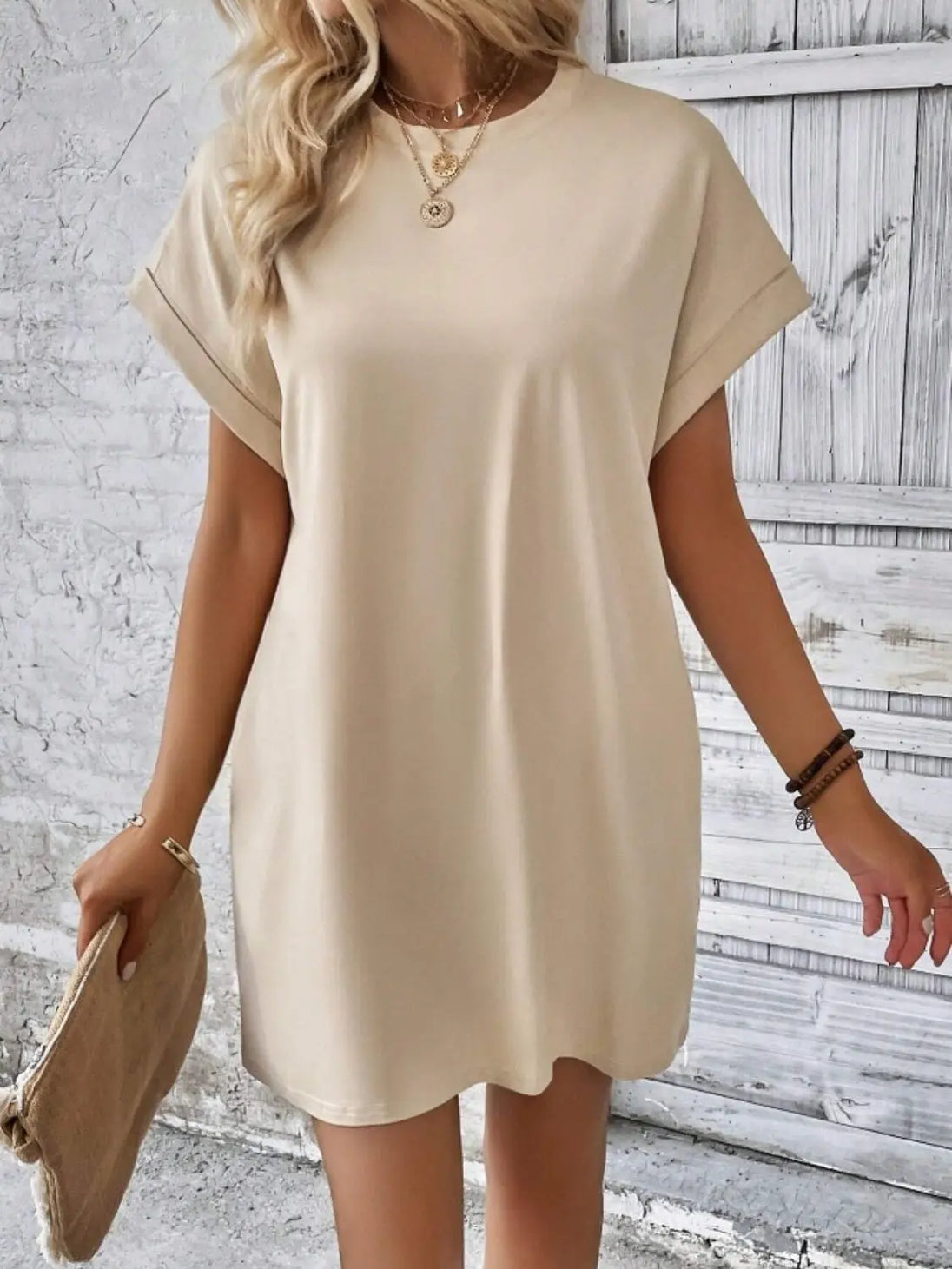 Pocketed Round Neck Short Sleeve Dress -BazaarBey - www.shopbazaarbey.com