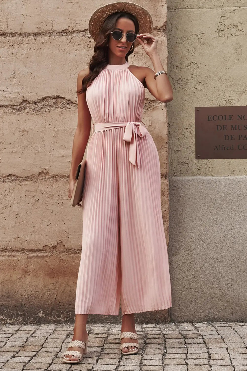 Accordion Pleated Belted Grecian Neck Sleeveless Jumpsuit Trendsi