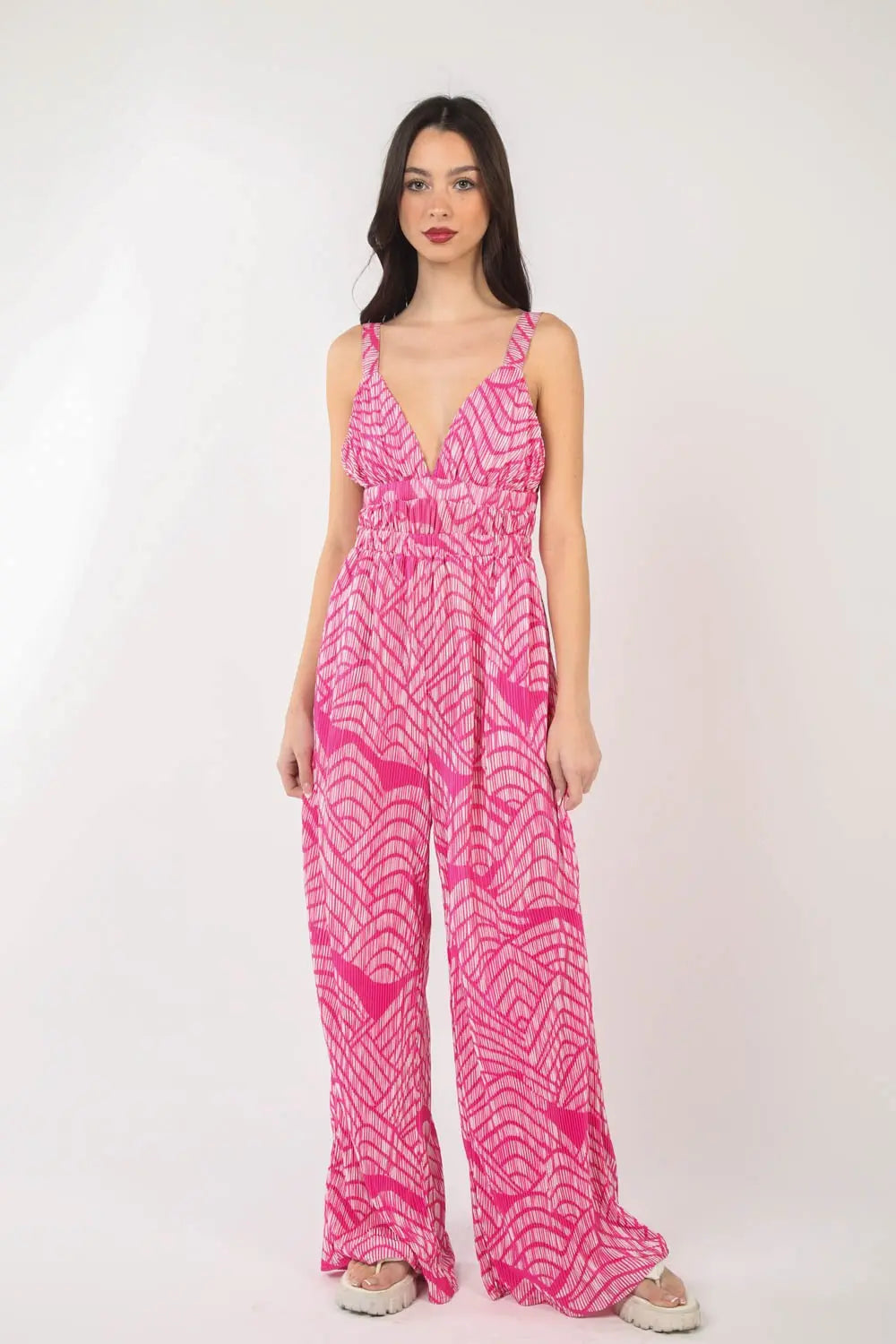  Printed Pleated Sleeveless Wide Leg Jumpsuit Trendsi