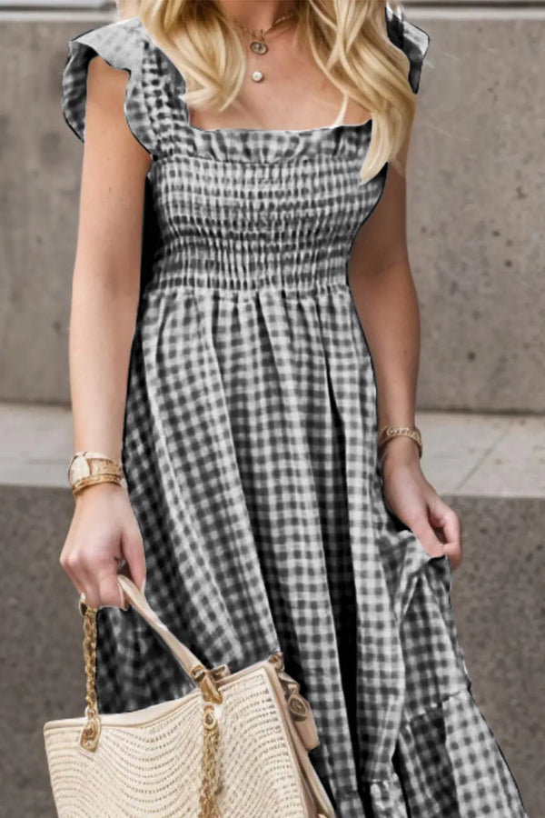 Full Size Smocked Ruffled Plaid Ruffle Hem Dress -BazaarBey - www.shopbazaarbey.com