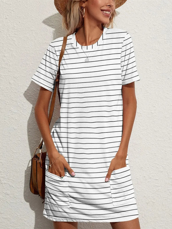 Pocketed Striped Round Neck Short Sleeve Dress -BazaarBey - www.shopbazaarbey.com