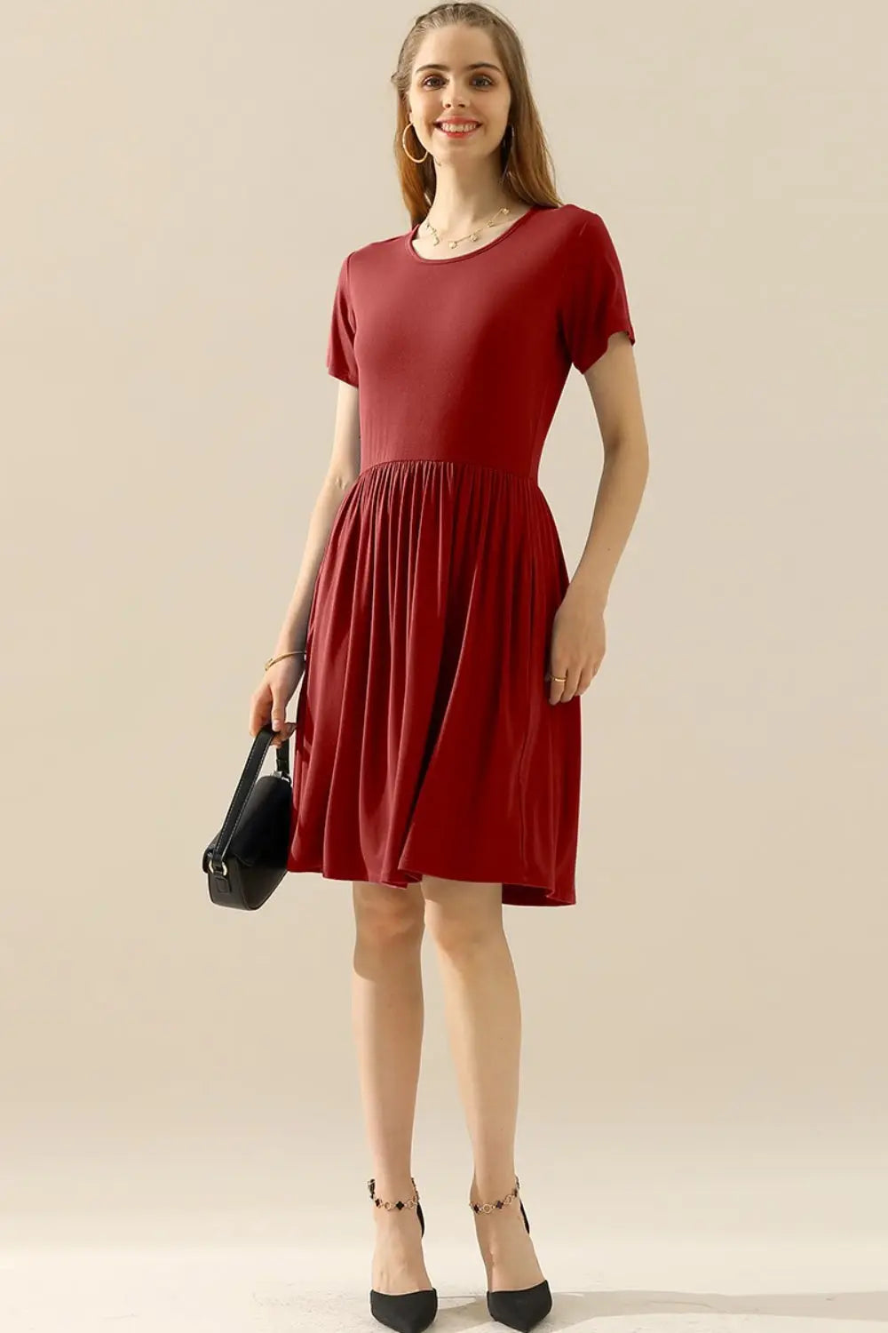   Round Neck Ruched Dress with Pockets 