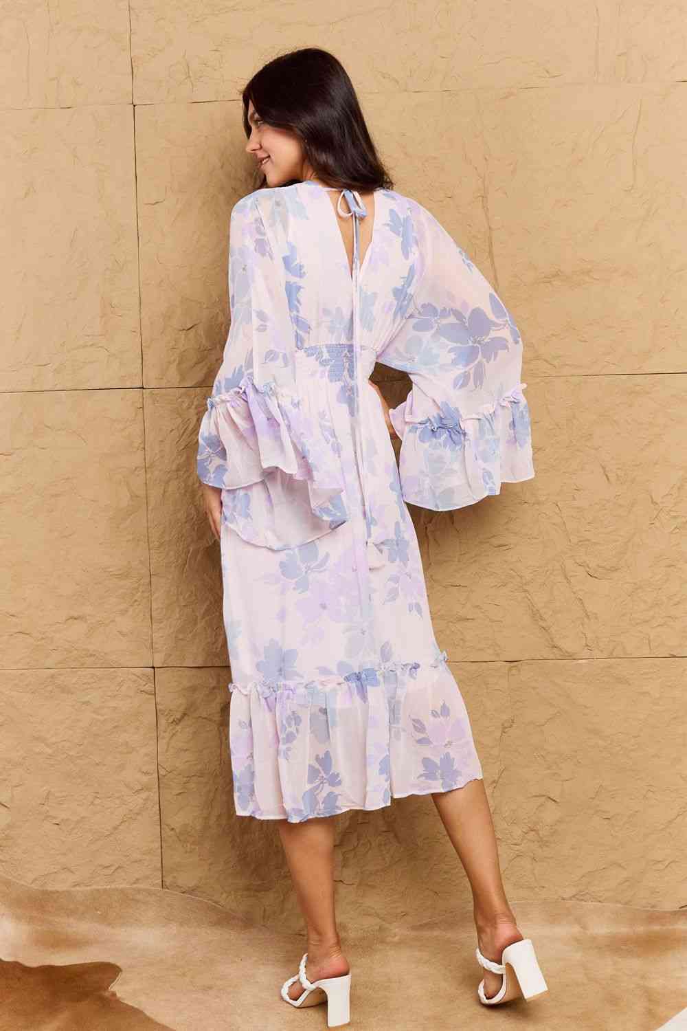  Take Me With You Floral Bell Sleeve Midi Dress in Blue -BazaarBey - www.shopbazaarbey.com