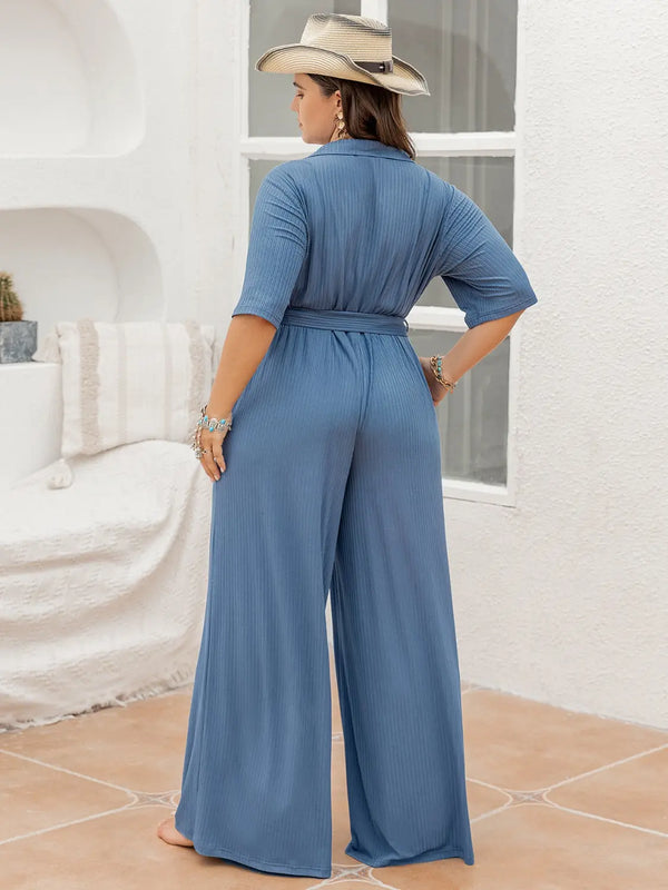  Ribbed Half Button Tie-Waist Jumpsuit Trendsi