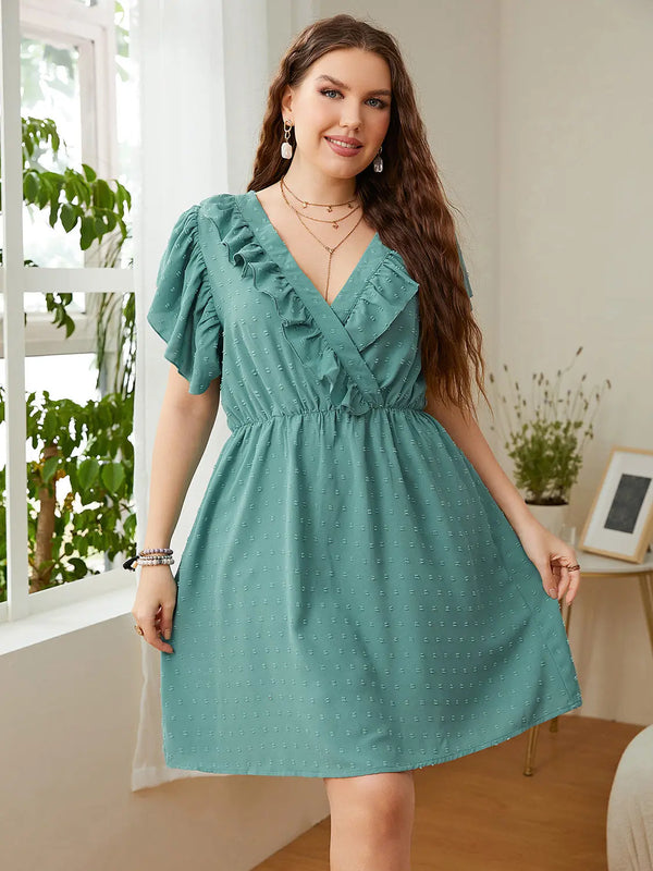 Plus Size  Ruffled  Flutter Sleeve Mini Dress -BazaarBey - www.shopbazaarbey.com