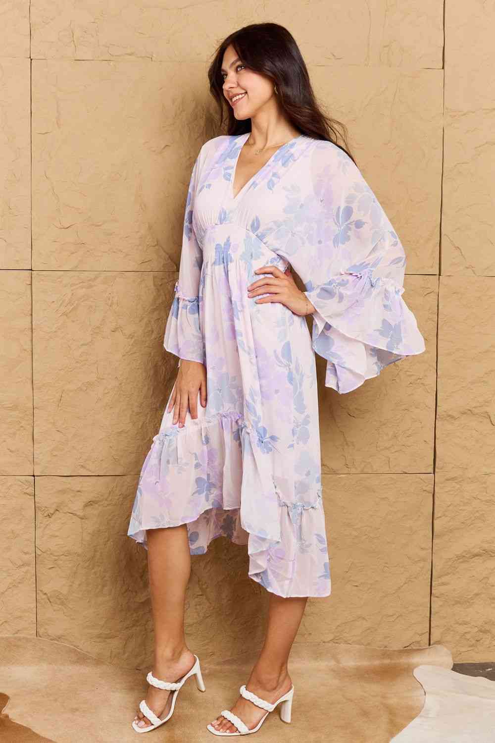  Take Me With You Floral Bell Sleeve Midi Dress in Blue -BazaarBey - www.shopbazaarbey.com