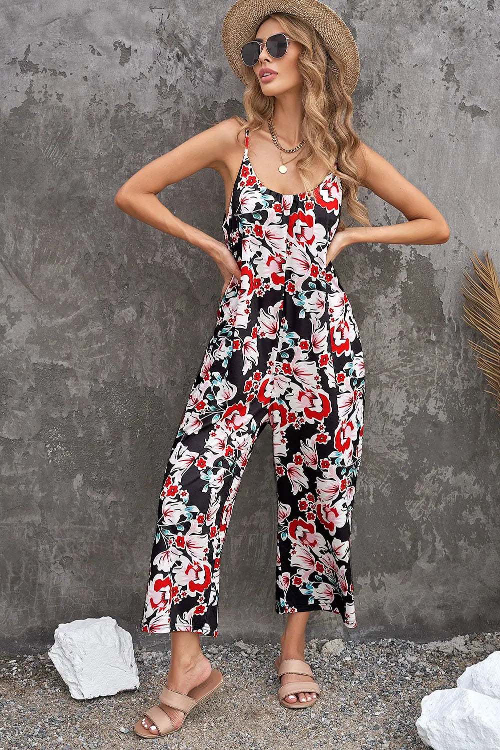 Botanical Print Spaghetti Strap Cropped Jumpsuit Trendsi