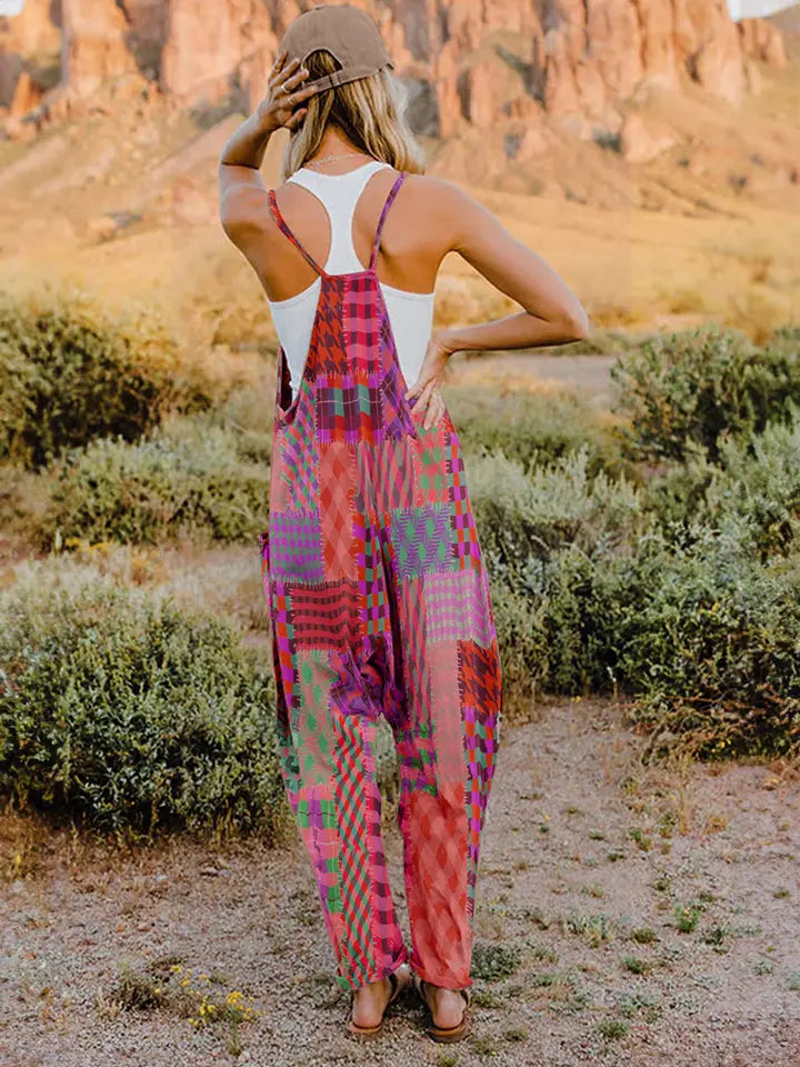  Printed V-Neck Sleeveless Jumpsuit Trendsi