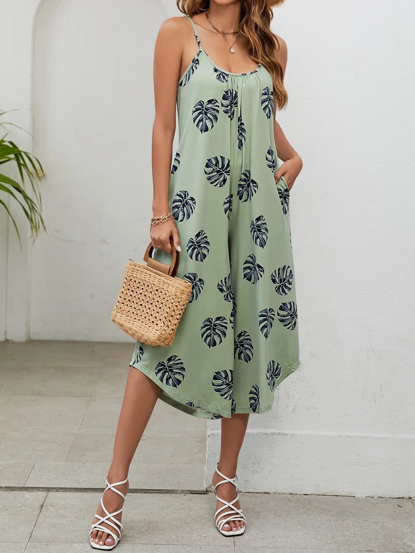 Botanical Print Spaghetti Strap Scoop Neck Jumpsuit Bazaarbey