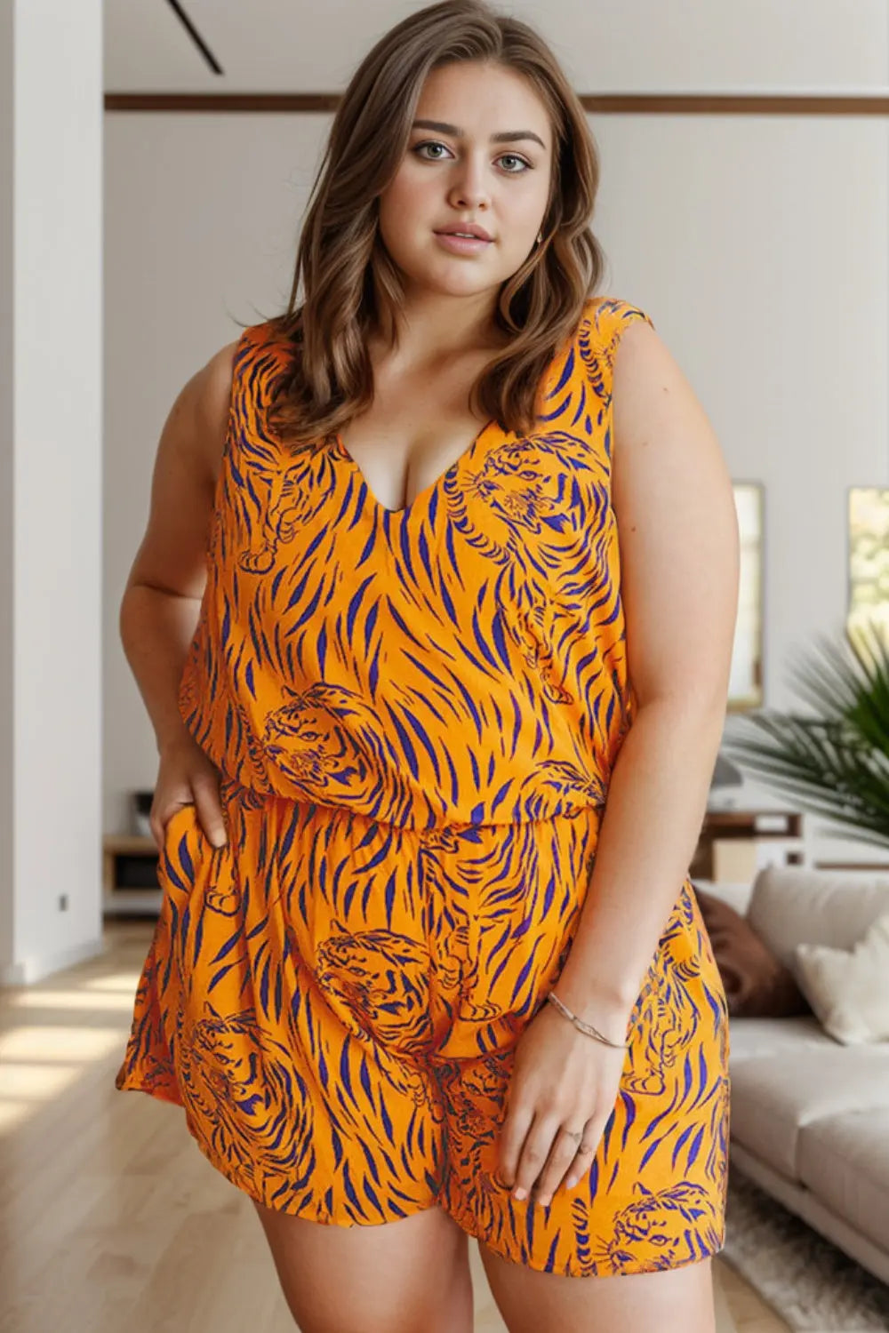  Tiger Printed V-Neck Sleeveless Romper Trendsi