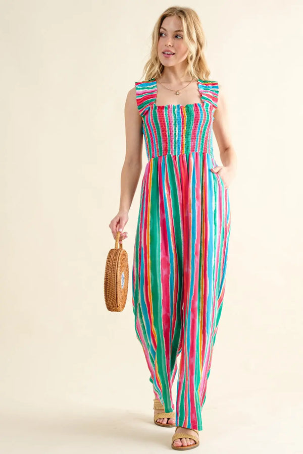 BazaarBey And The Why  Striped Smocked Sleeveless Jumpsuit 