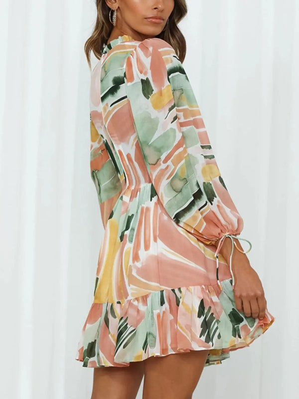 Printed Mock Neck Balloon Sleeve Mini Dress -BazaarBey - www.shopbazaarbey.com