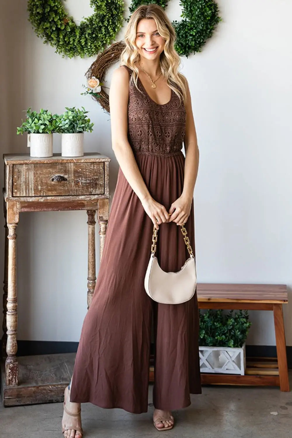  Tie Back Sleeveless Slit Wide Leg Jumpsuit Trendsi