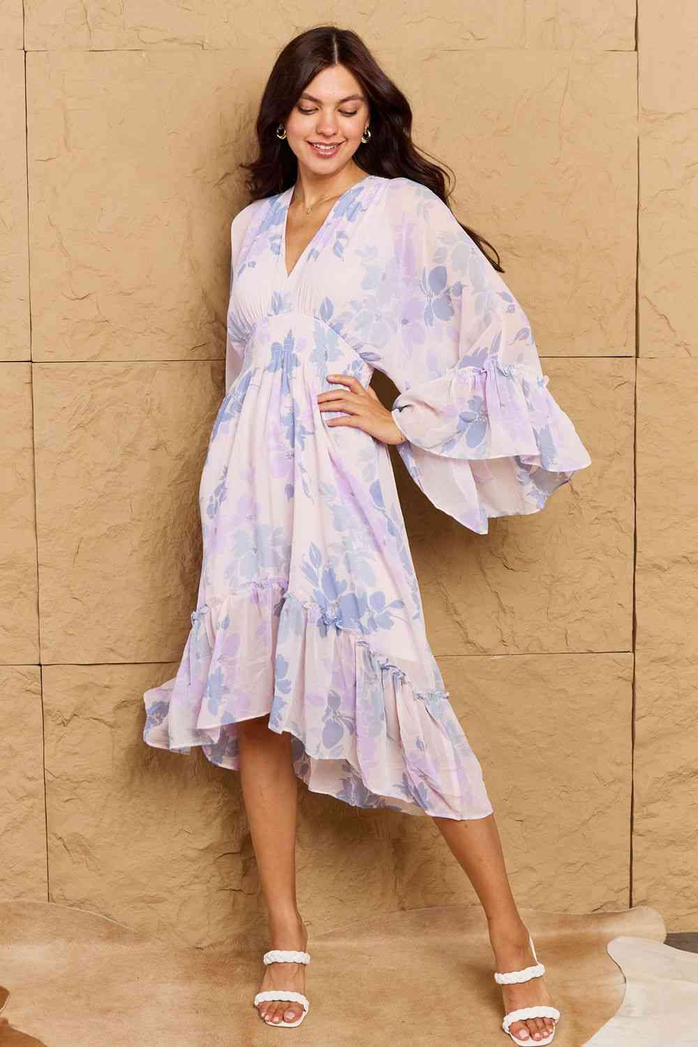  Take Me With You Floral Bell Sleeve Midi Dress in Blue -BazaarBey - www.shopbazaarbey.com