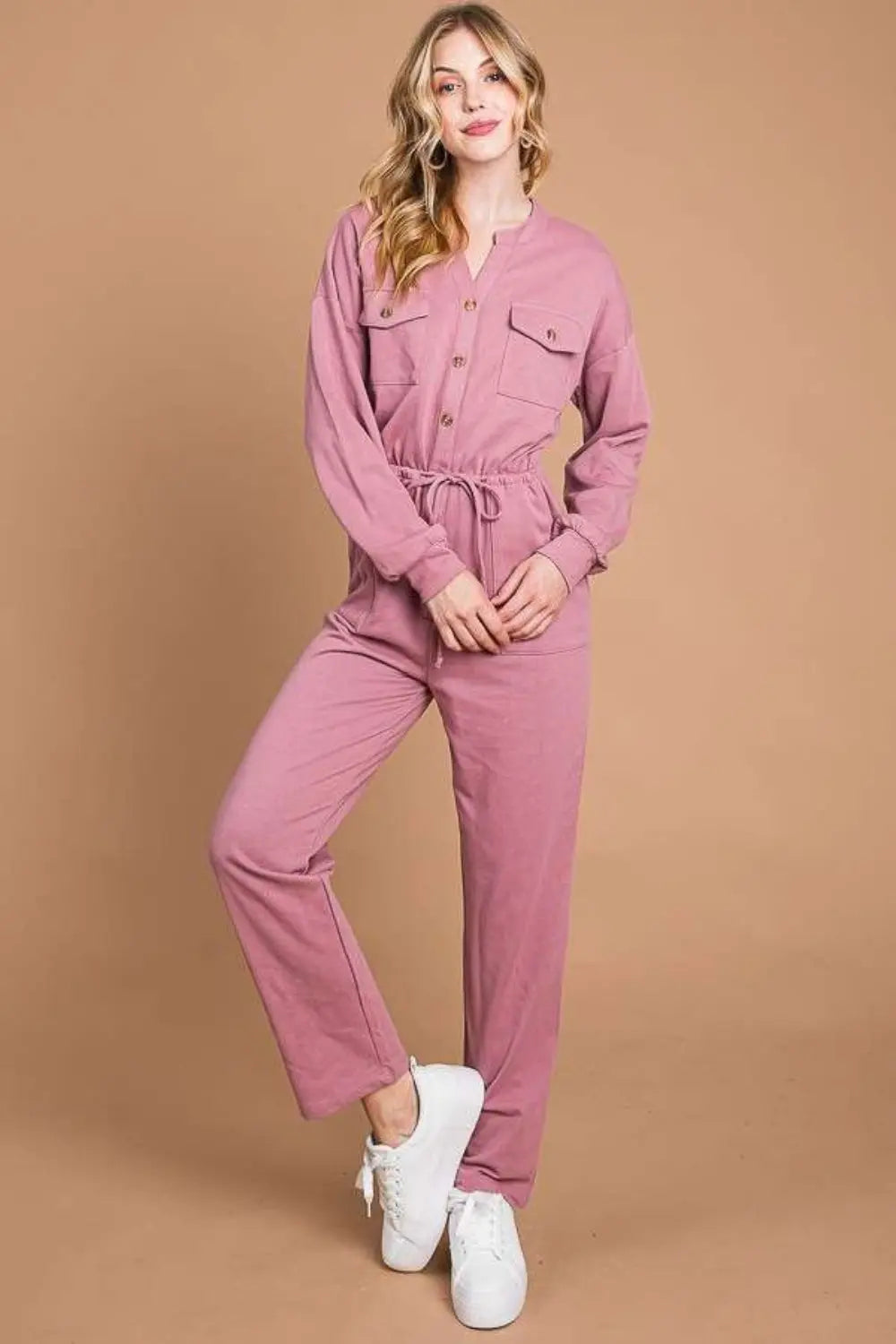   Button Up Drawstring Waist Straight Jumpsuit Trendsi